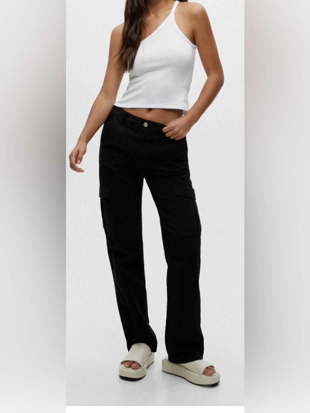 Pull&Bear Black Cargo Trousers with Utility Pockets size 12